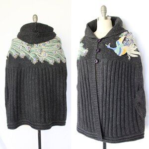 Anthropologie Sleeping on Snow wool embroidered peacock cape cardigan poncho